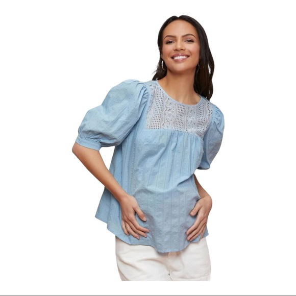 SHEIN Maternity Puff Sleeve Lace Insert Swiss Dot Top - Picture 2 of 8